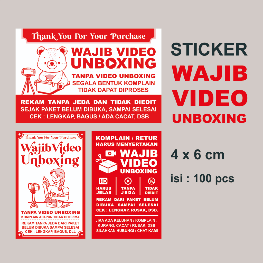 

STICKER WAJIB VIDEO UNBOXING - RED (isi 100) uk. 4 x 6 cm