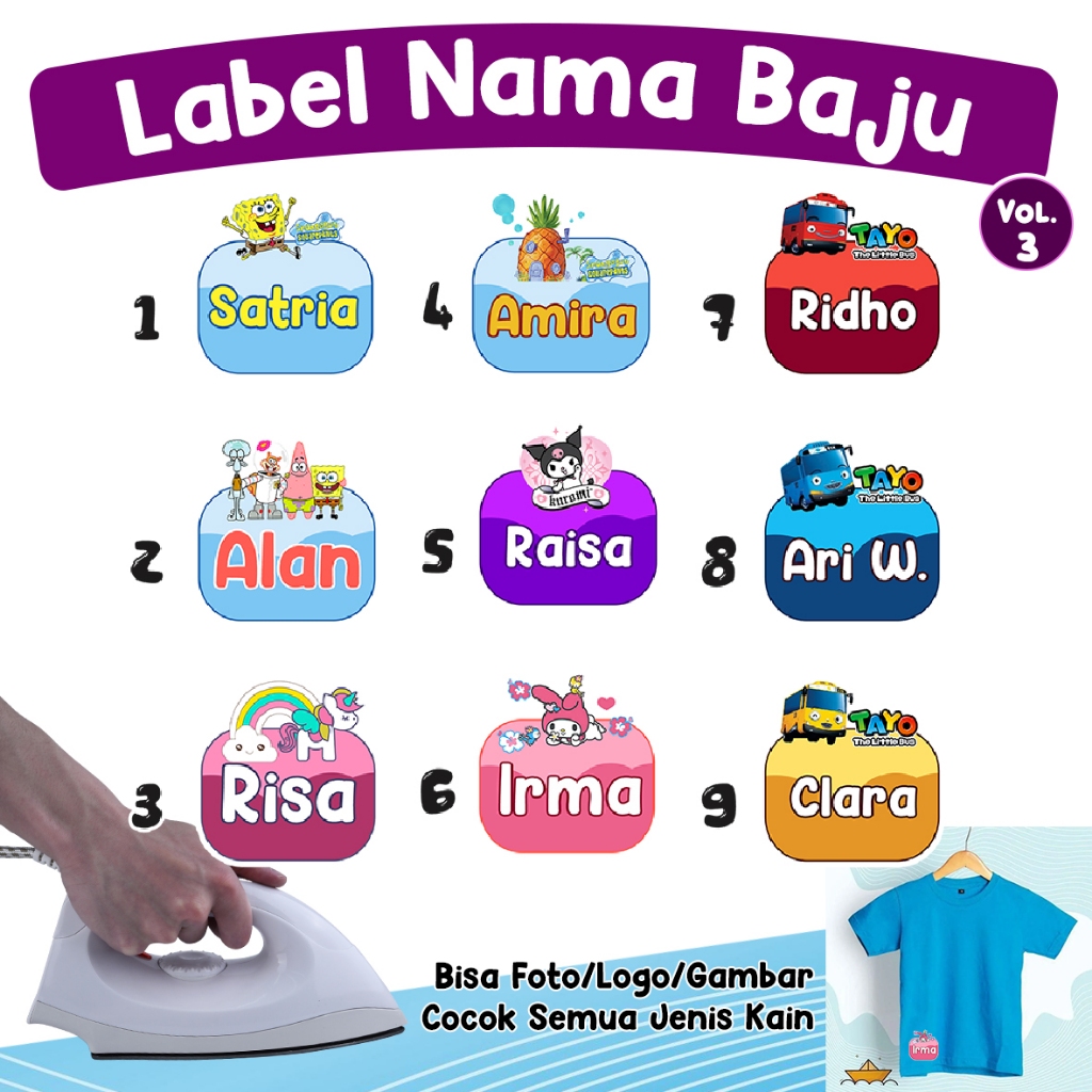 

STIKER BAJU NAMA CUSTOM - Vol.3 Persegi 21pcs/ Stiker Kain Kaos Karakter Lucu/ Setiker Sablon Setrika