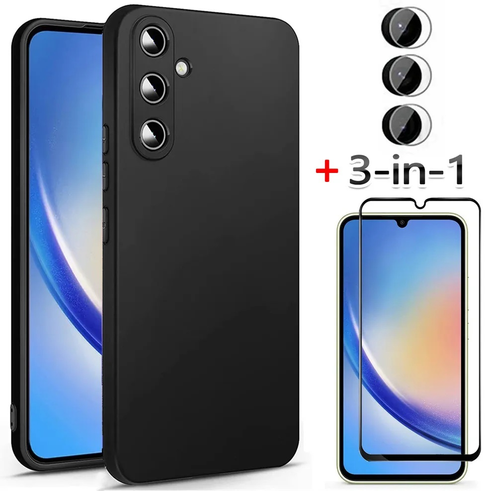 Case Samsung A14 A14 5G M14 A24 A34 5G PAKET 3IN1 Case Blackmatte Tempered Glass Camera Lens Casing 