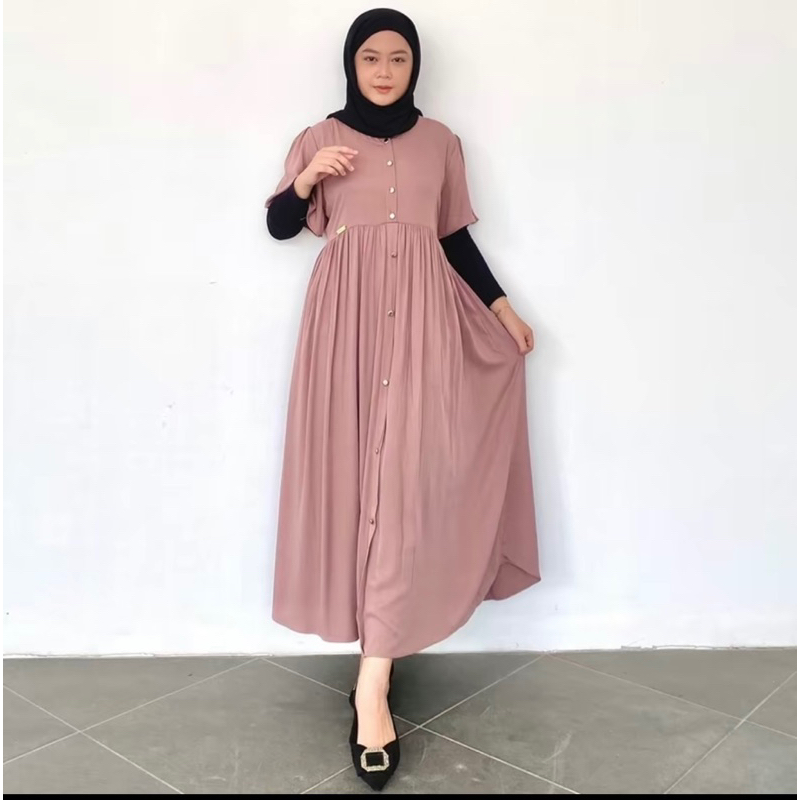 Lylaa Dress | Midi Dress Rayon Twill Lengan Pendek Simpel Adem Busui Friendly | Daster Busui Polos K