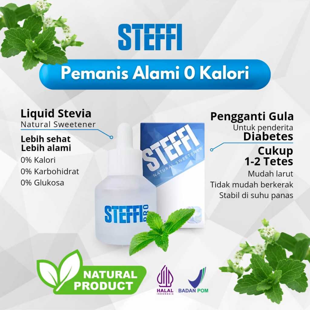 

STEFFI Pemanis Alami, Stevia Cair 30 ML, Pengganti Gula, Natural Sweetener yang aman untuk Diabetes dan Diet Gula Zero Calories dan non fat.