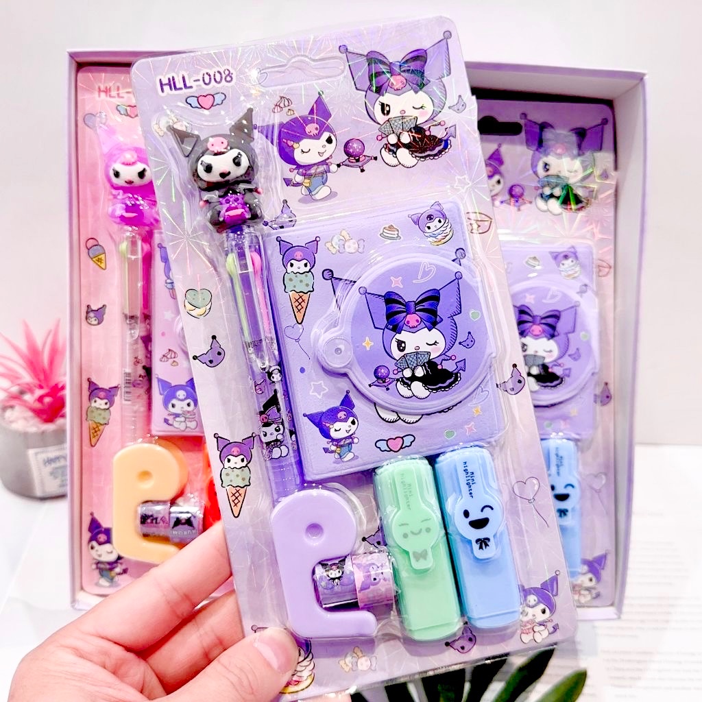 

Alat Tulis Set Kuromi 5 in 1 Buku Diary Pulpen 6 warna Solatip stabilo isi solatip bergambar sanrio