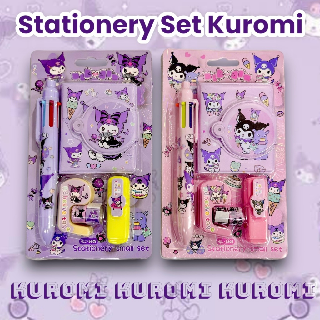 

Stationery Set Kuromi 5 in 1 Buku Diary Pulpen 6 warna Solatip stabilo isi solatip bergambar sanrio