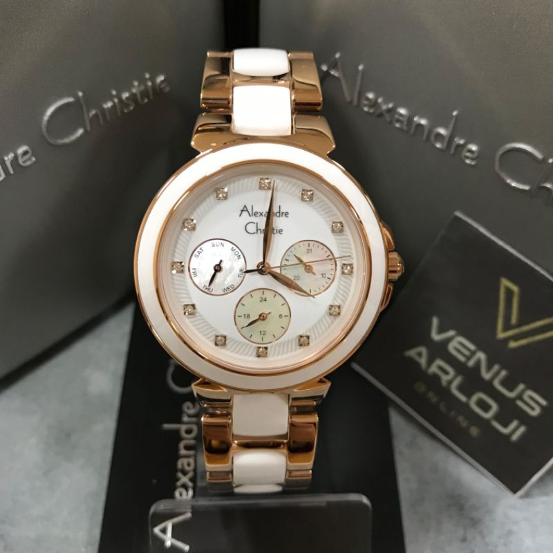 Jam Alexandre Christie AC 2B02 BF BRG Wanita Rantai Rosegold Bulat Keramik Putih