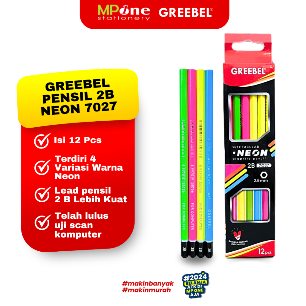 

(1 KOTAK) Greebel Pensil 2B Neon Color 7027 / Pensil 2B Greebel Graphite Warna Neon / Pensil Kayu Pensil Ujian Greebel Made In Indonesia