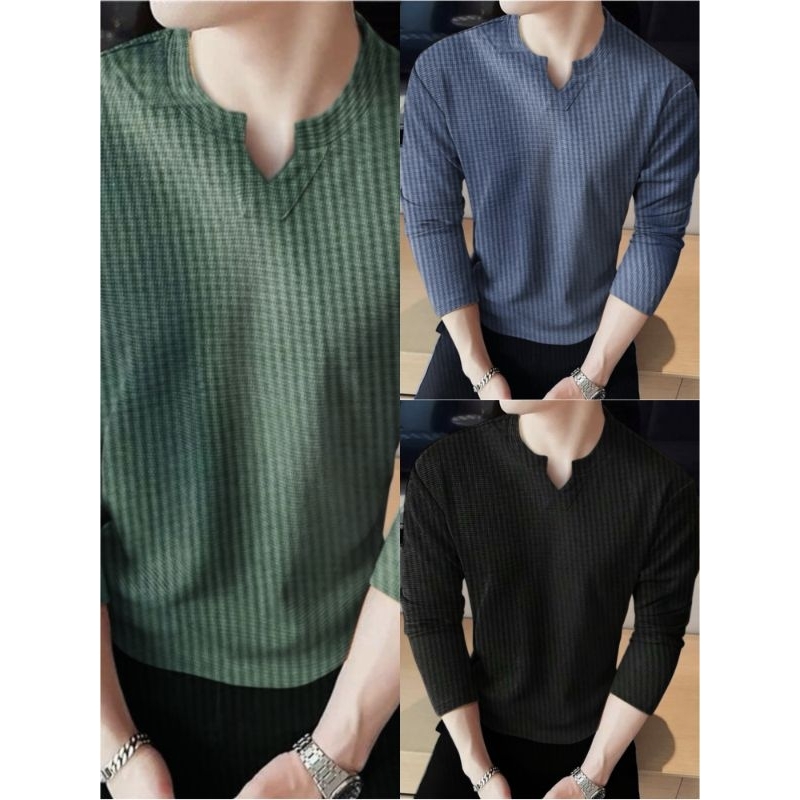 Paket Hemat 3pcs Kaos Polos V Neck Pria Wafer Lengan Panjang Lembut Nyaman