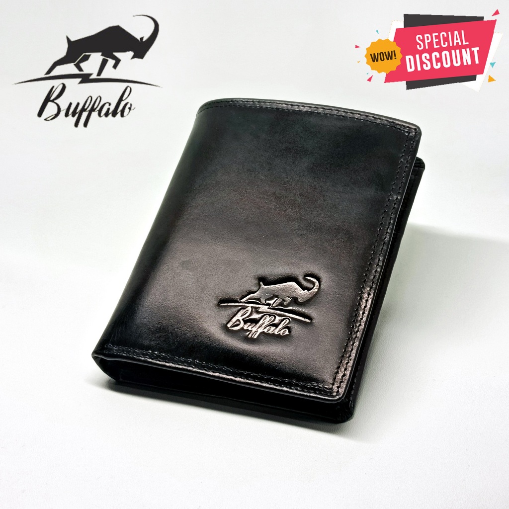 Buffalo Dompet Pria 100% Kulit Asli Banyak Slot Kartu Model Lipat Casual