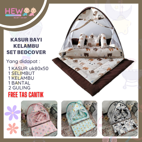 Kasur Bayi Kelambu Set dengan Kelambu Anti Nyamuk, Bahan Lembut, Motif Menarik