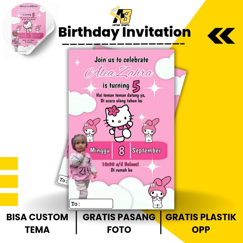 Isi 50 pcs undangan ulang tahun anak / ucapan ulang tahun anak perempuan free plastik