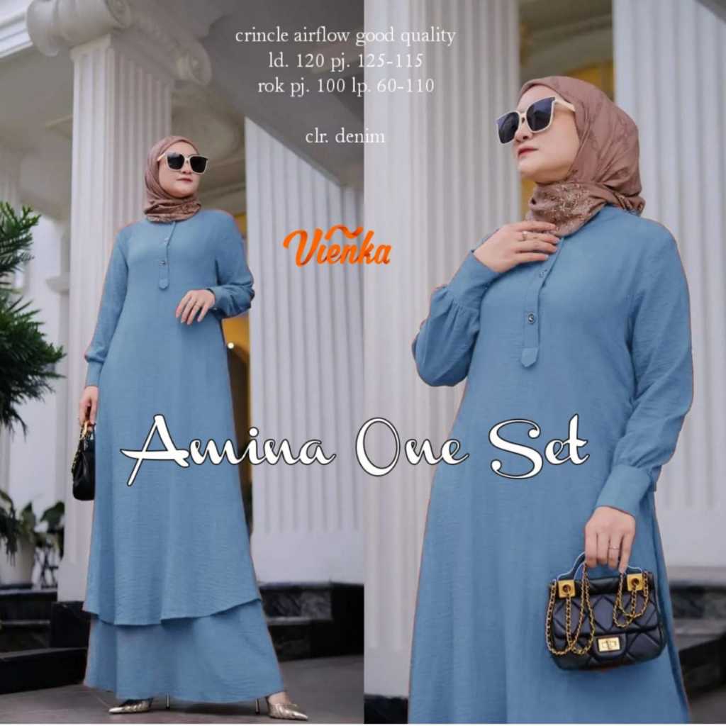 Oneset Setelan Rok Tunik Dress Wanita Muslim Kekinian Baru Jumbo Crinkle Airflow Polos Syari