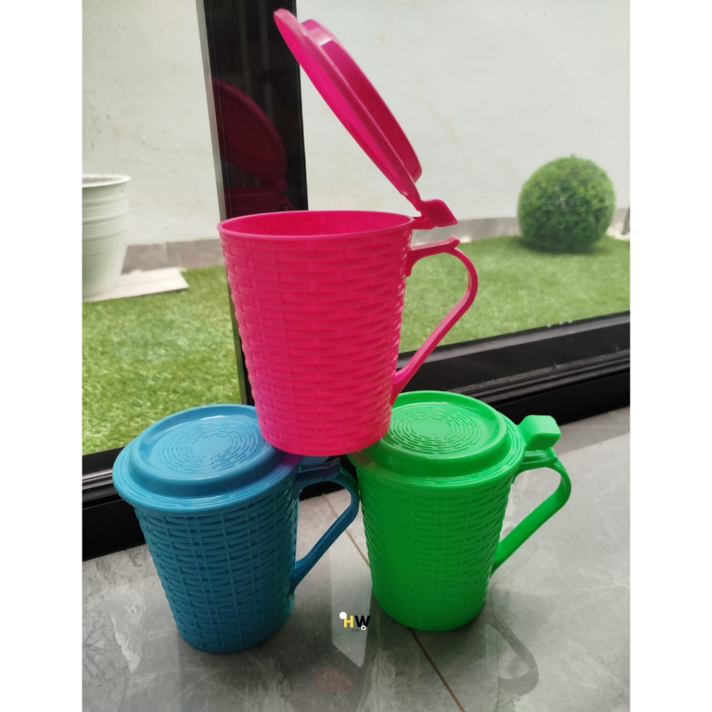 Cangkir Plastik + Tutup / Gelas Cangkir Warna / Mug Tutup Cangkir Minum Jsp Tutup