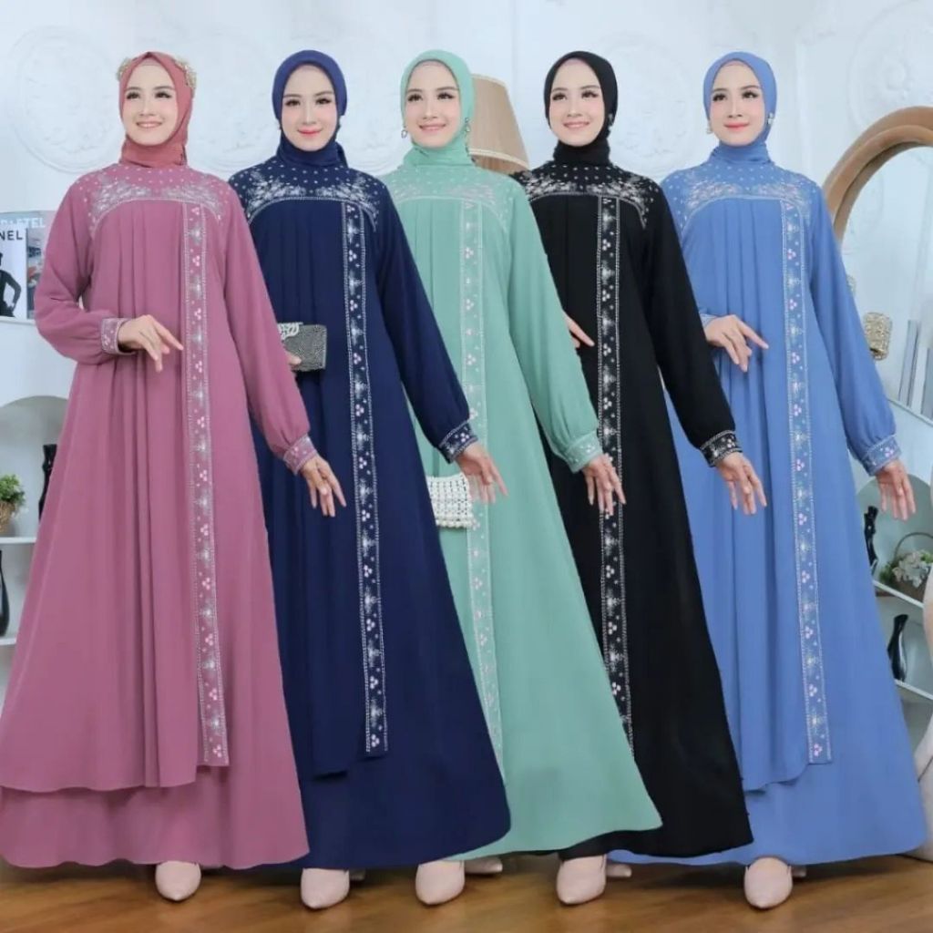 Rania Dress Baju Gamis Motif Bahan Ceruty Jatuh Wanita Dewasa Model Baru Terbaru 2024 Mewah