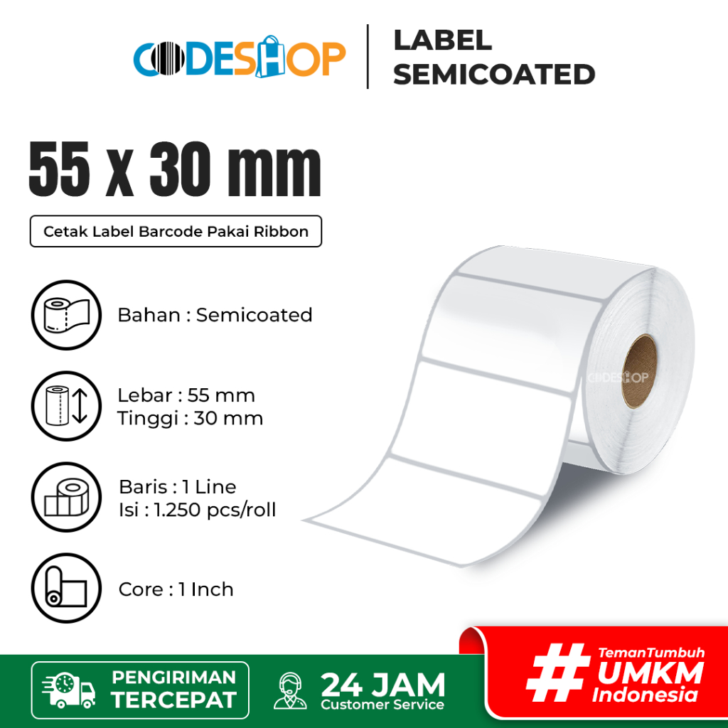 

Codeshop Stiker Label Barcode 55 x 30mm Semicoated 1 line isi 1250 pcs