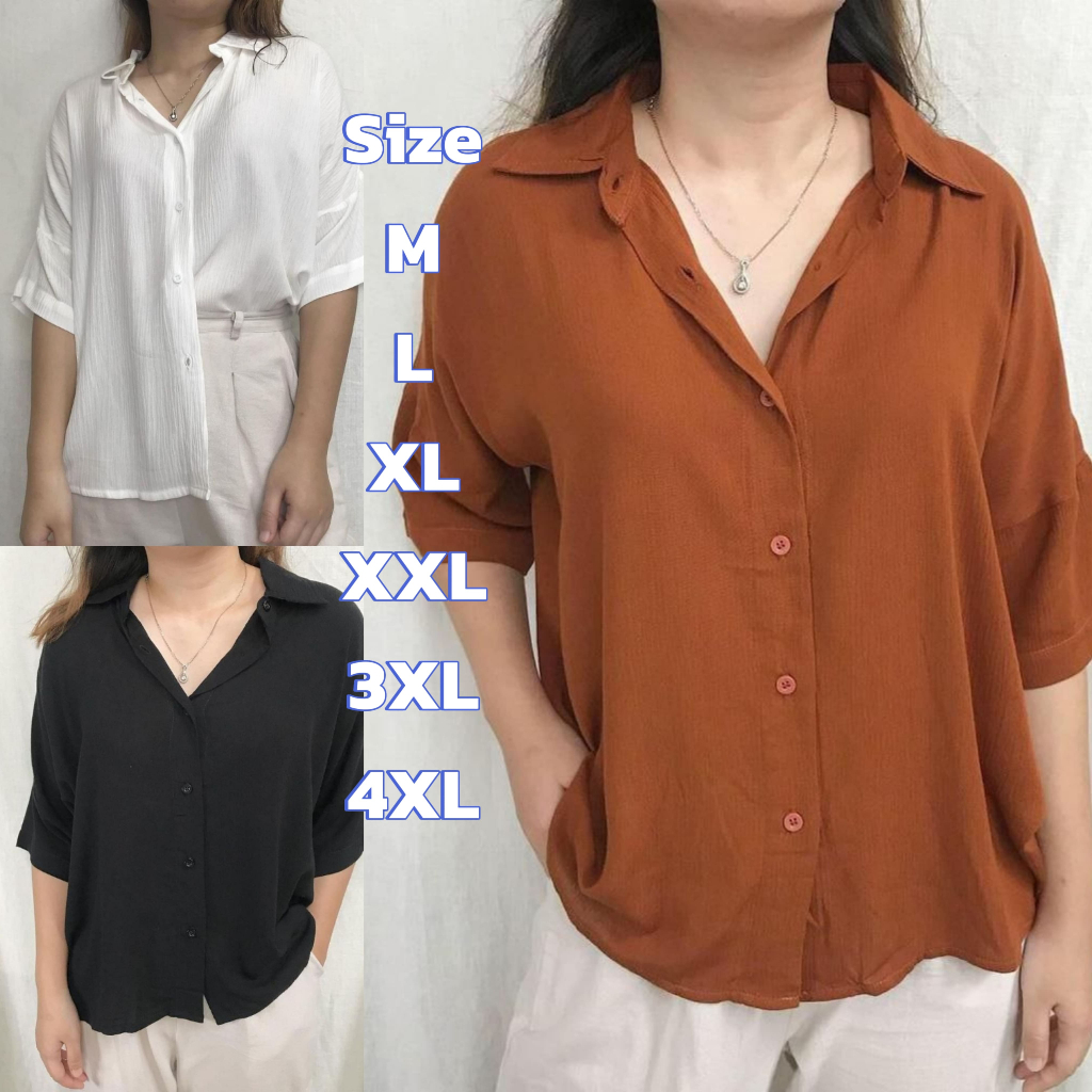 Baju Kemeja Atasan Hem Blouse Airflow Crinkle Kerah V Neck Kuliah Hitam Lengan 3 4 Ootd Polos Basic 