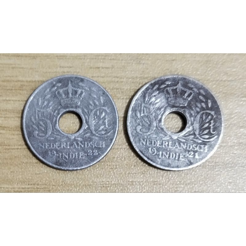 2 pcs duit koin kuno asli 5 cent tahun 1921 dan 1922 Nedherlandsch Indie pernah beredar kondisi aus 