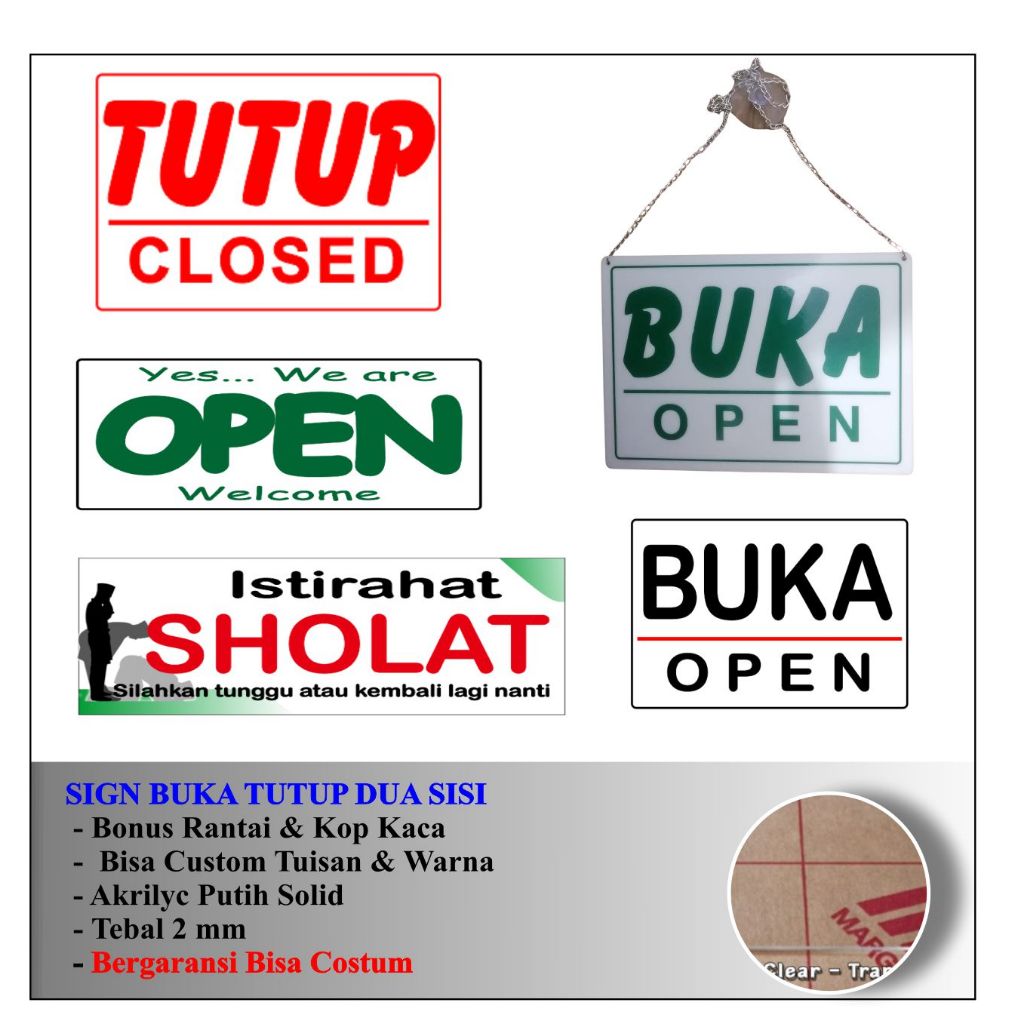 

AKRILIK OPEN CLOSED BUKA TUTUP DUA SISI BONUS RANTAI KOP KACA ACRYLIC TEBAL 2 MM