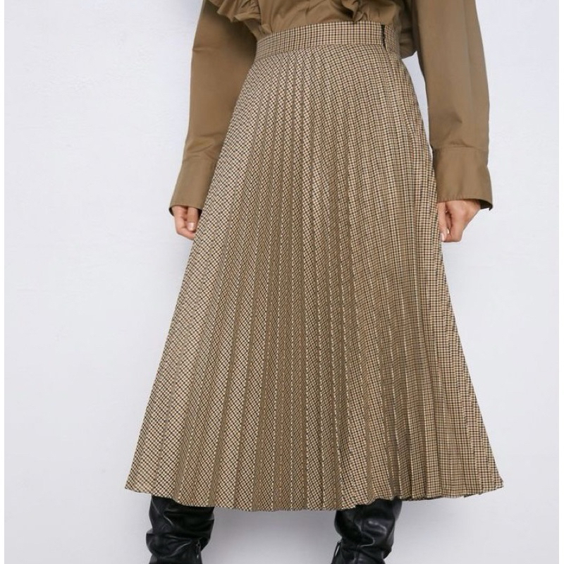 PRELOVED (M) ZARA Brown Tan Houndstooth Pleated Midi Skirt/ Zara tweed pleated midi skirt/ Zara plea