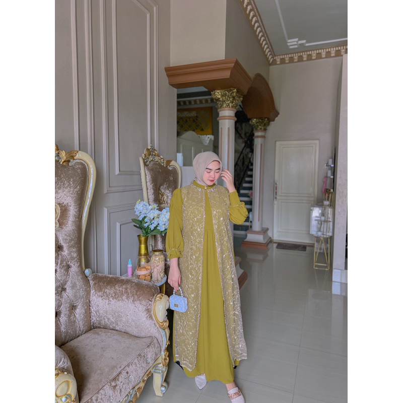 {RHS} OLIVIA GAMIS CRINKLE SUTRA MIX BROKAT / GAMIS KONDANGAN JUMBO SIMPLE