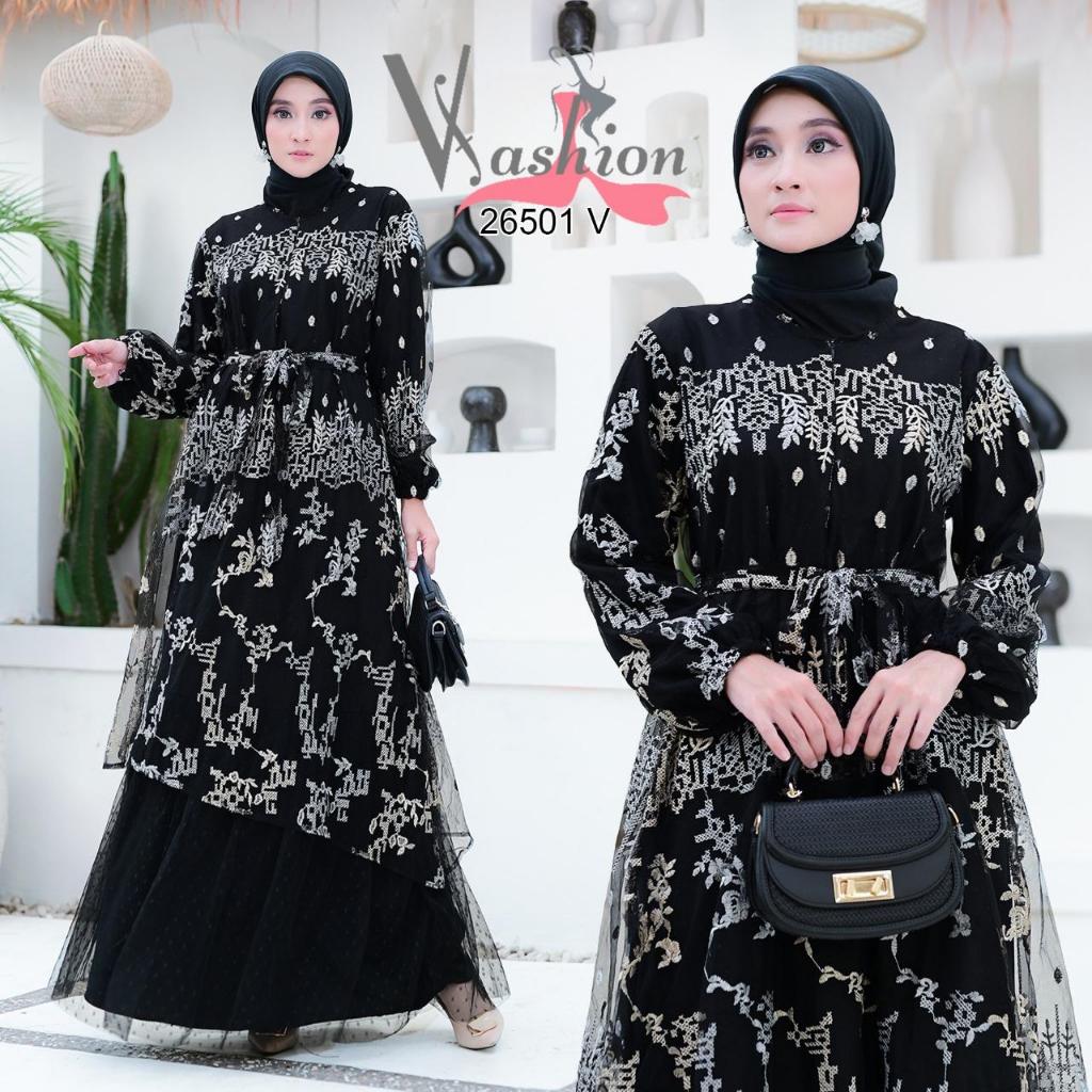 Gamis Hitam Tile Bordir Kombinasi Tile Tutu 26501 Baju Muslim Wanita