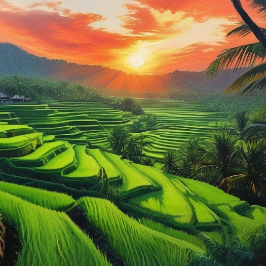 Lukisan Pemandangan Ubud Bali yang memukau pada saat Sunset