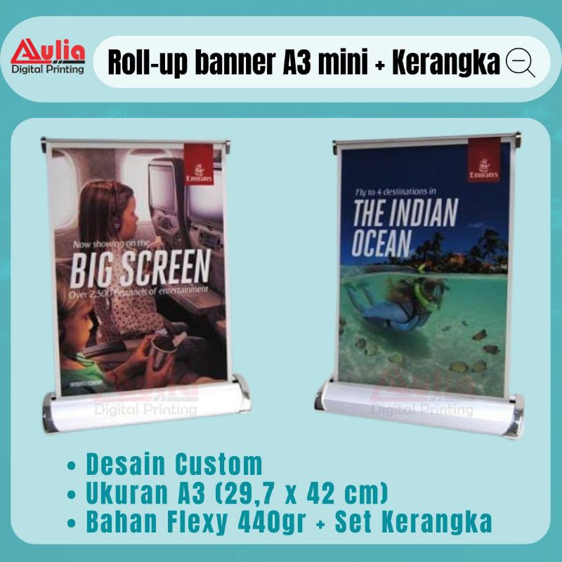 Mini Baner A3 Custom | Roll-up Flexy 440gr Mini | Rollup Flexi Korea Full set Kerangka UK A3 297x420