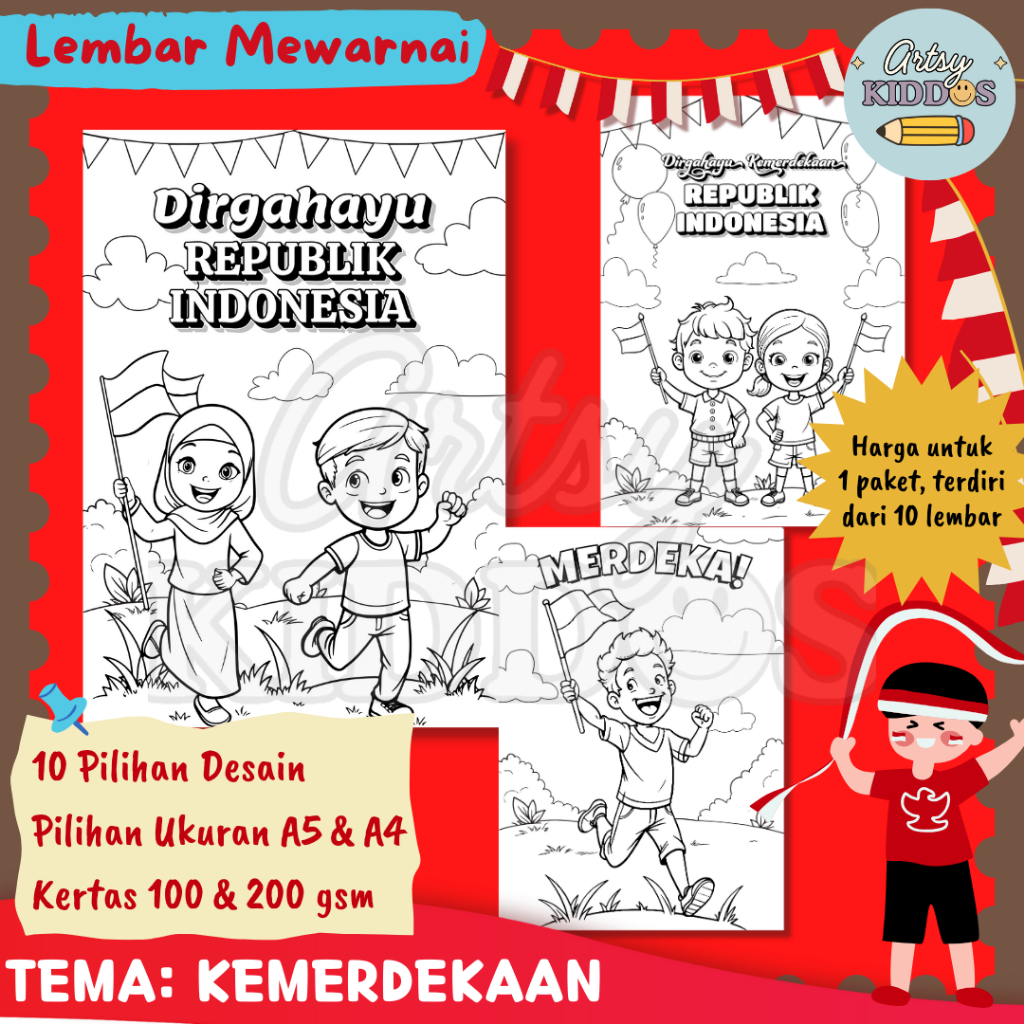 

10 Kertas Mewarnai / Coloring / Kertas Gambar / Tema Kemerdekaan / Lembar Mewarnai Anak / TK/ PAUD/ Preschool / Activity Book / Anak Kreatif