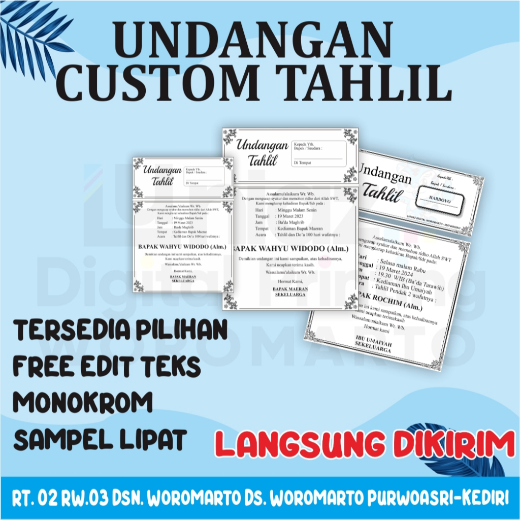

undangan murah undangan tahlil custom untuk 7hari 40hari 100hari 1000 hari. walimah aqiqoh ursy dll