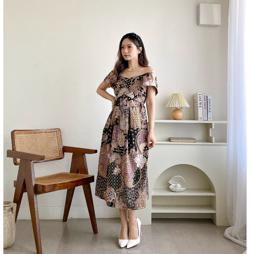 GENEVIE Gaun Natal Desain Baju Batik Panjang Terbaru Wanita Dewasa Anggun Kombinasi Dress Pesta Mode