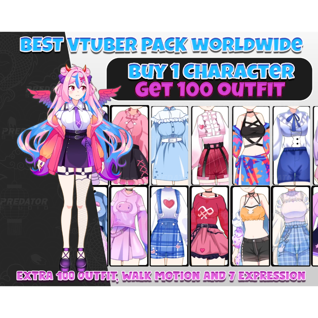 Paket Komplet Vtuber Live2D: 1 Karakter dengan 100 Outfit dan Walk Motion, Vtuber Live Streaming, Vt