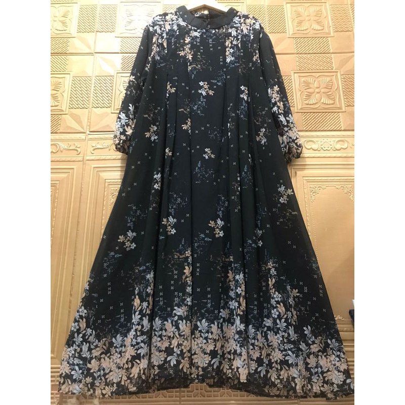 Gamis Jumbo Ceruty Gamis Hitam Motif Bunga Uk XL - XXL Dress Jumbo Muat Sampai BB 80 -120KG