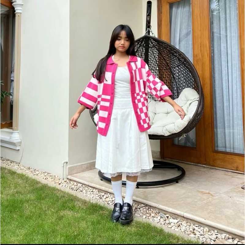 KNITWEAR OUTFIT FUJI CARDIGAN RAJUT MOTIF KOTAK OVERSIZE