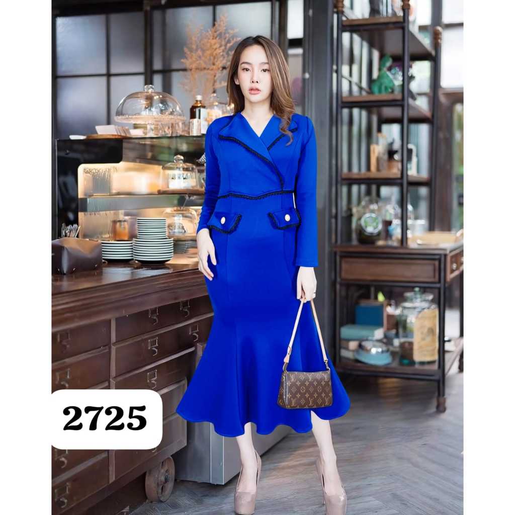 Joanne Fashion - Midi Dress Wanita Pesta Mewah Simple Formal Lengan Panjang Rok Mermaid Duyung Bahan