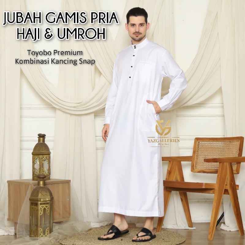 Jubah Gamis Pria Umroh dan Haji Bahan Toyobo Premium Variasi Kancing Snap Warna Hitam dan Putih