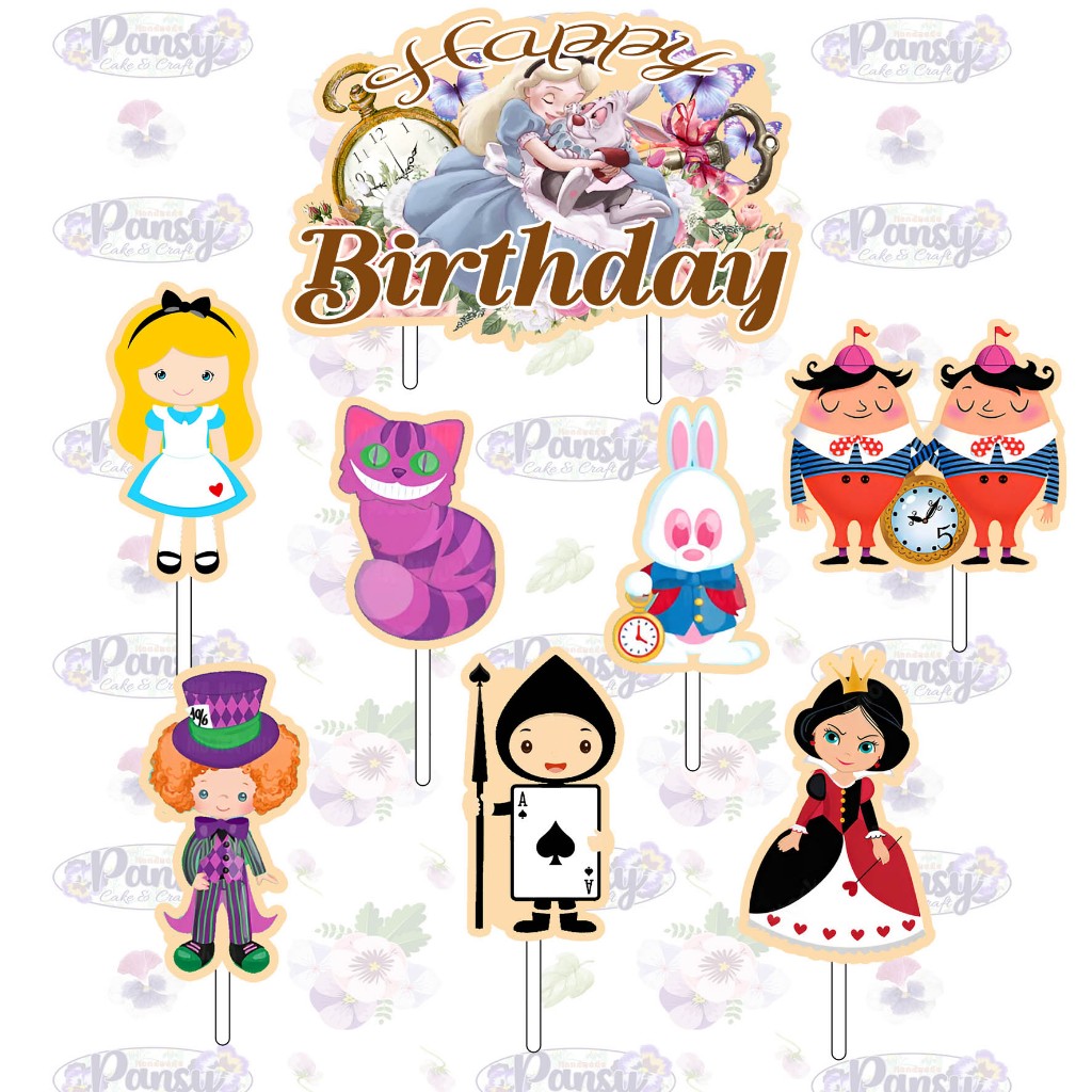 Cake topper / Cupcake topper Alice In Wonderland + banner Birthday EKONOMIS