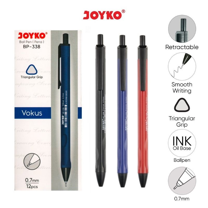 

JOYKO BALL PEN CLICKER 0.7MM PENA BOLPEN PULPEN CETEK JOYKO HITAM BIRU MERAH BP-338 LUSIN [12PCS]