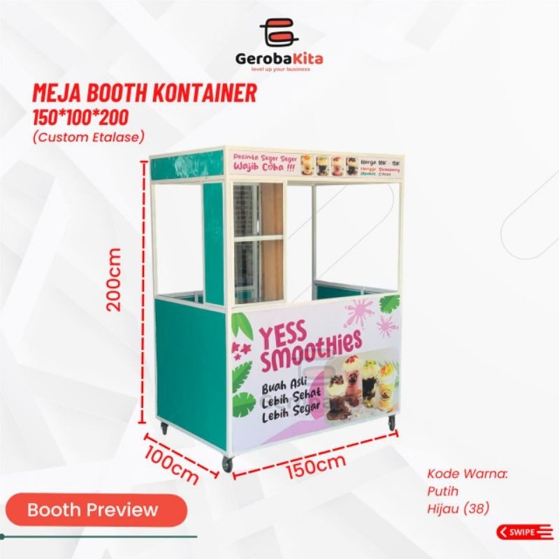 meja booth kontainer besi hollow ukuran 150x100x200
