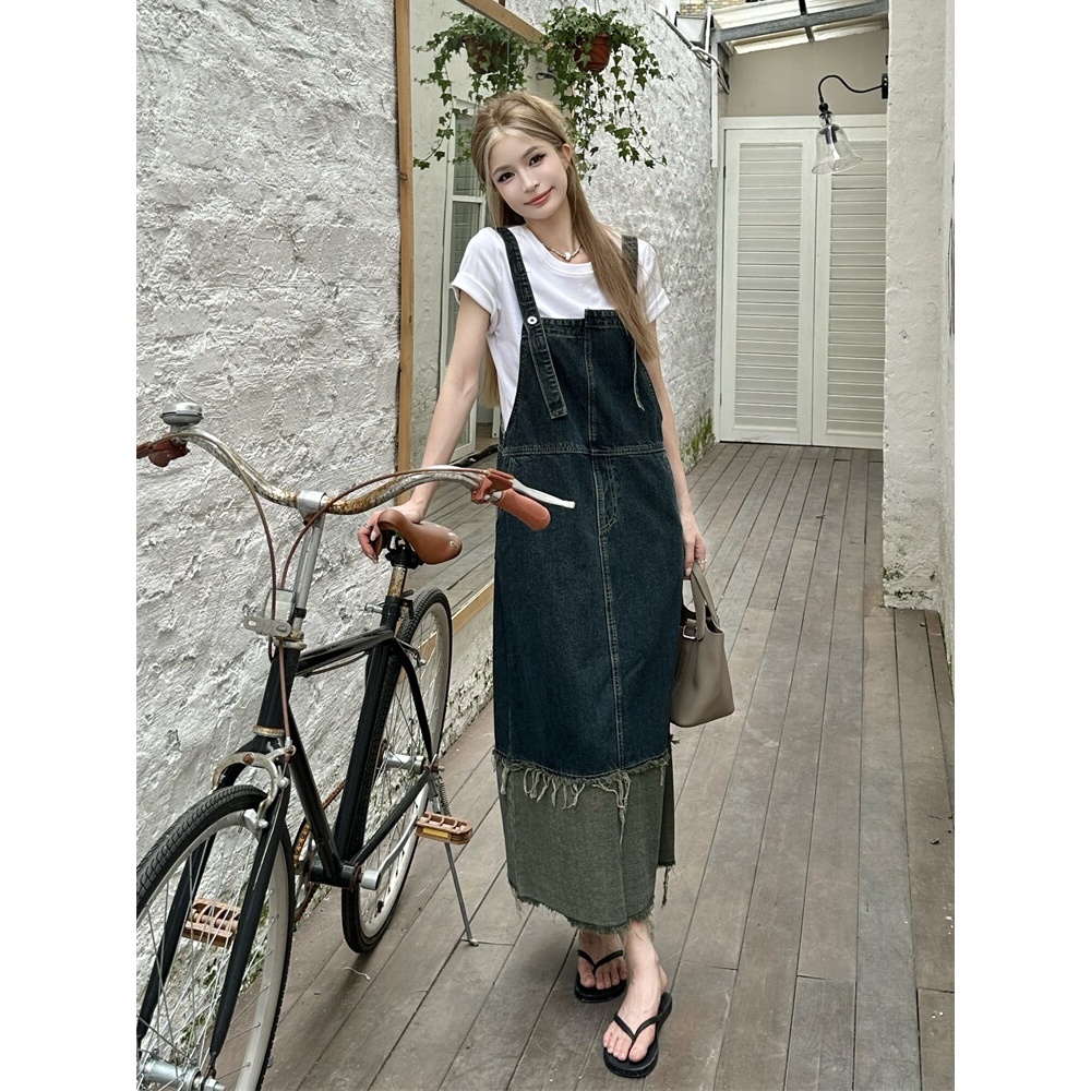 Overall Denim Rok Panjang Wanita Splicing Contrasting Colors Jumbo Midi Dress Denim Baggy Kekinian C