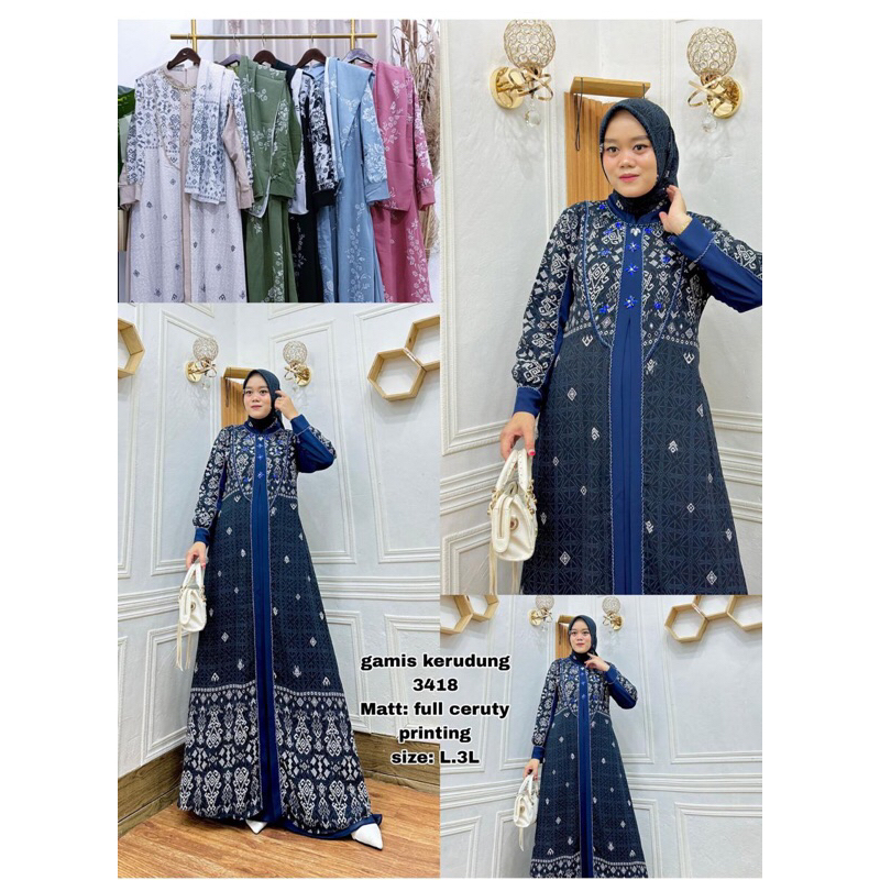 Gamis ceruty corak + jilbab 3418