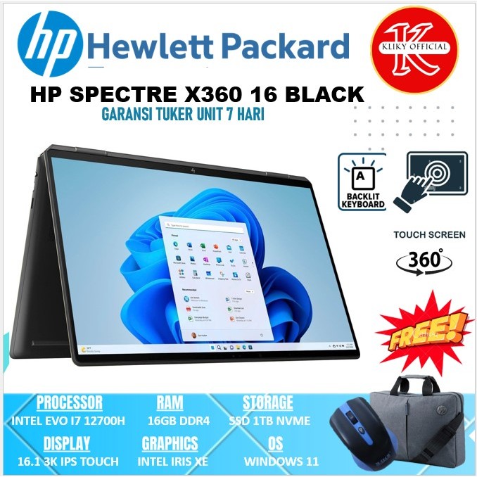 Laptop Kerja HP Spectre X360 16 Intel Evo i7 Gen 12 Ram 16GB Ssd 1 TB Layar 16,1" 3K IPS Touchscreen