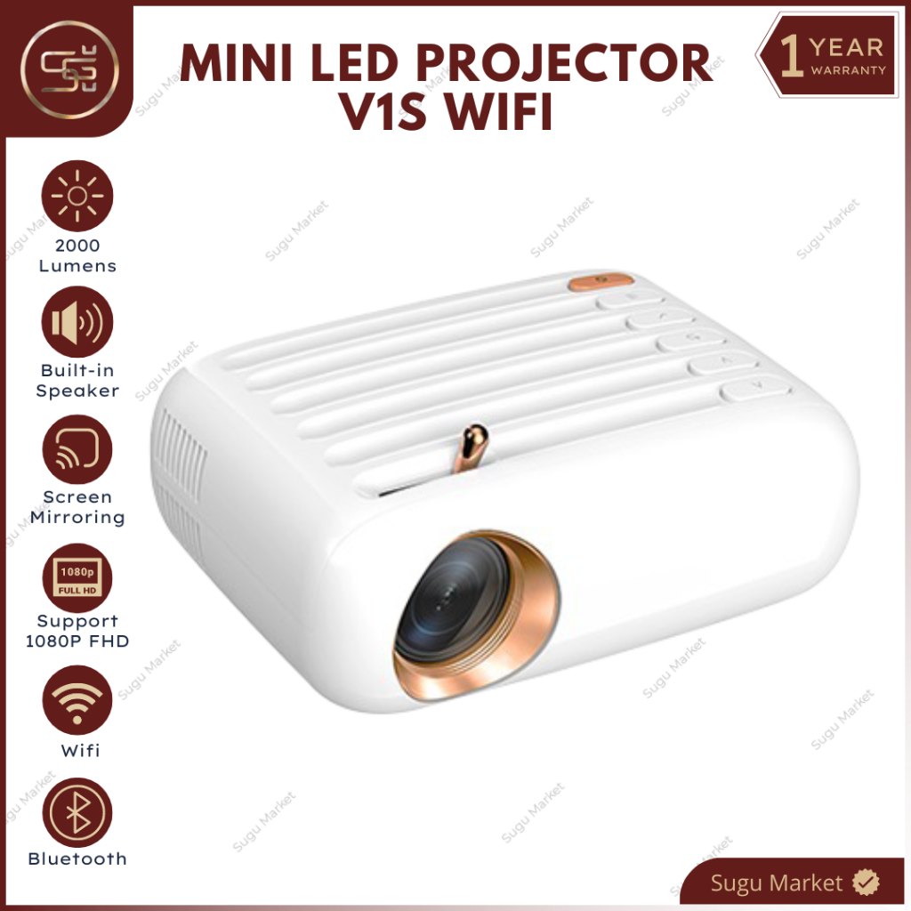 Aera Smart Proyektor Wifi V1S 2000 Lumens Proyektor Mini Portable  Full HD 1080p Mirroring HP Proyek