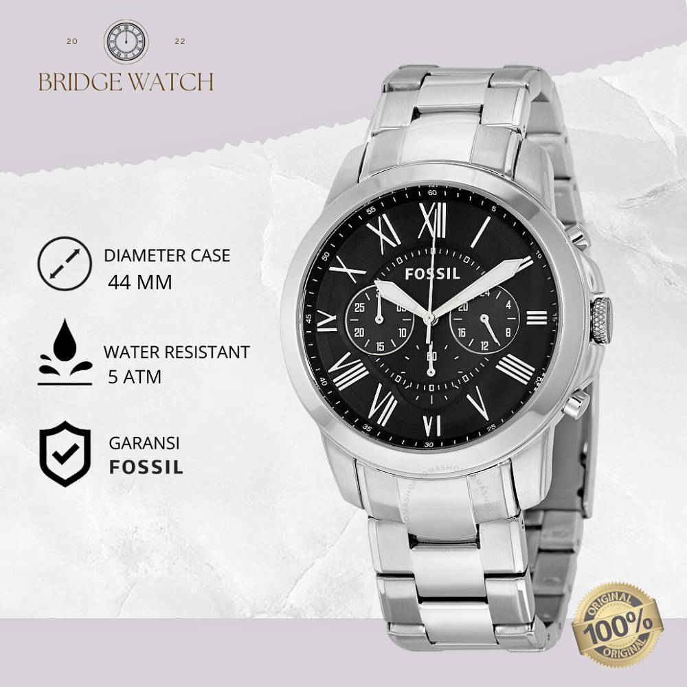 Jam Tangan Pria Fossil Original FS4736 Men Grant Analog Silver Stainless Steel Strap Rantai Cowok Ch