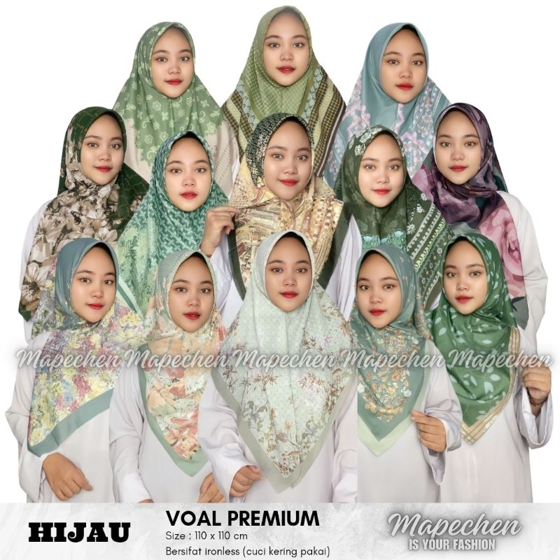 Hijab VOAL MOTIF Jilbab Hijau Saghe Toska Army Mint Lime Lemon Emerald Segiempat LaserCut