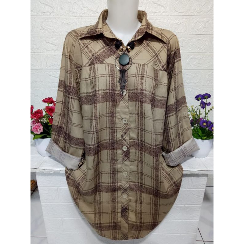 Atasan kemeja wanita lengan panjang motif kotak kotak bahan rayon adem A366