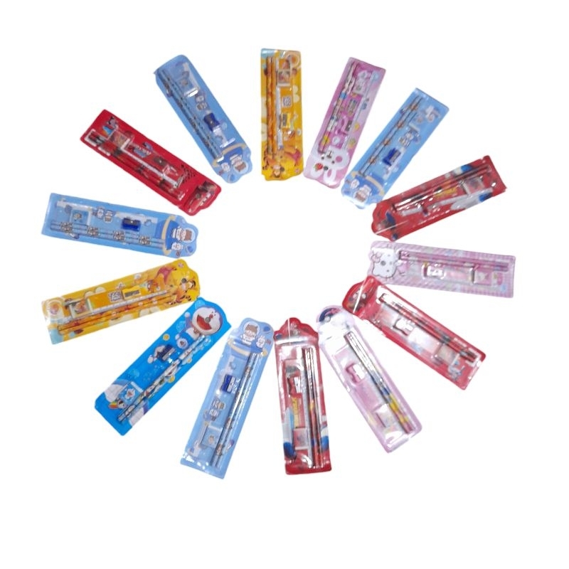 

set 5 in 1 alat tulis anak sekolah penghapu penggaris pencil serutan kalakter lucu