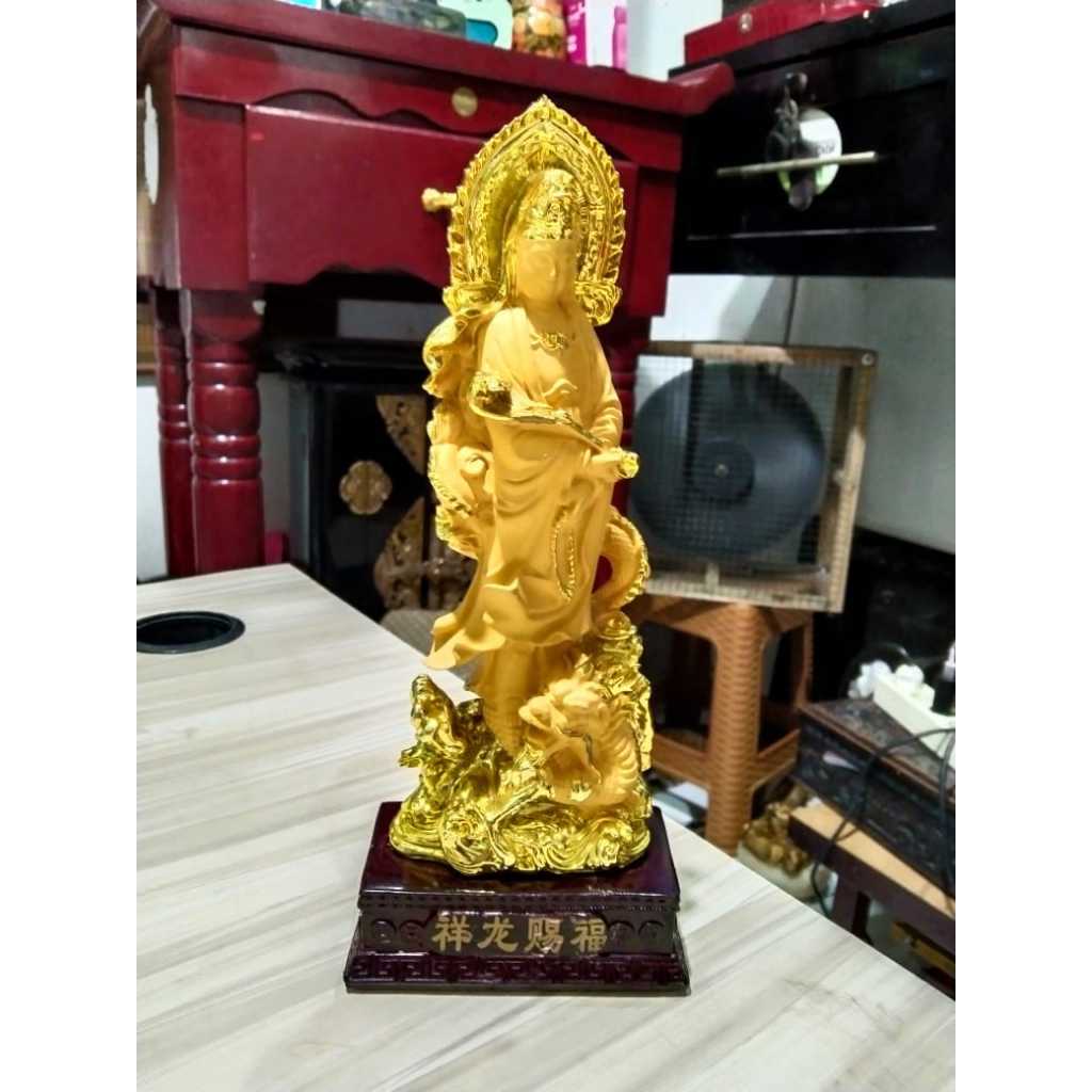 Patung Dewi Kwan Im Fiber Gold Kuno Jadul Antik