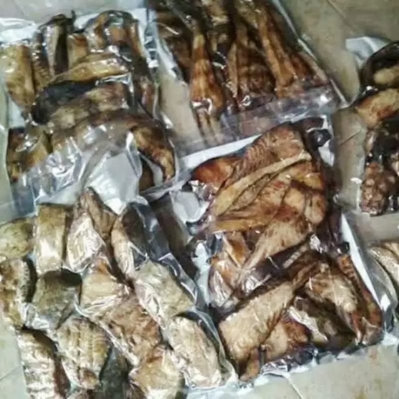 

ISI 3 IKAN ASAP PANGGANG PARI PE TONGKOL KACANGAN SALMON LOKAL KHAS PANTURA KEMASAN VACUM