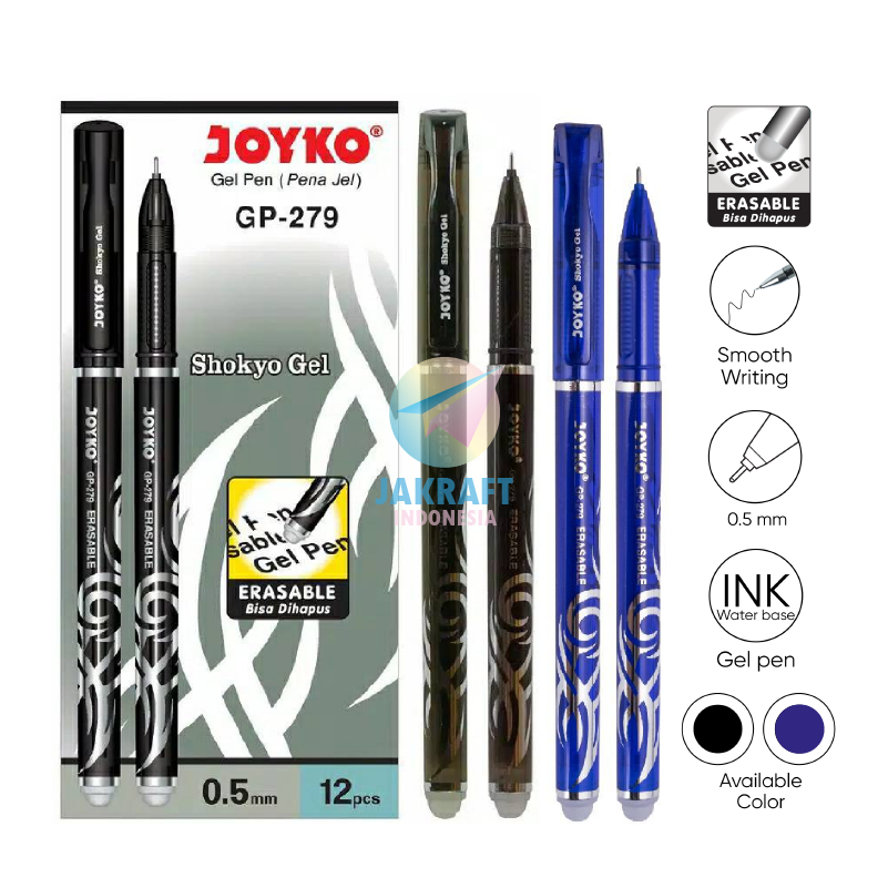 

(12 Pcs) GROSIR Pulpen Erasable Gel Pen Ujung Tajam JOYKO GP-279 SHOKYO Hitam Black / Biru Blue