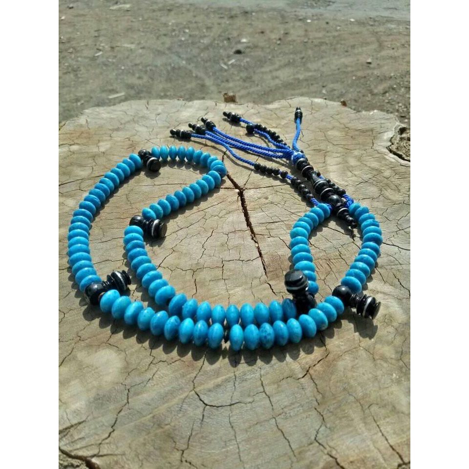 Tasbih Tijani Batu Marjan Warna Biru Model Pipih 10mm Berkualitas
