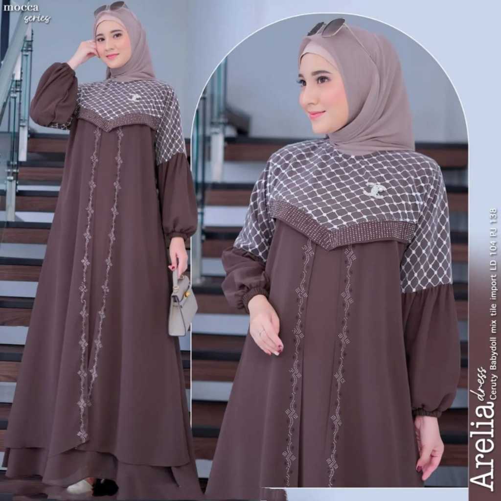Arelia Dress Ceruty Mix Tile Luxury Gamis Lebaran 2024 Model Gamis Terbaru Baju Kondangan Wanita