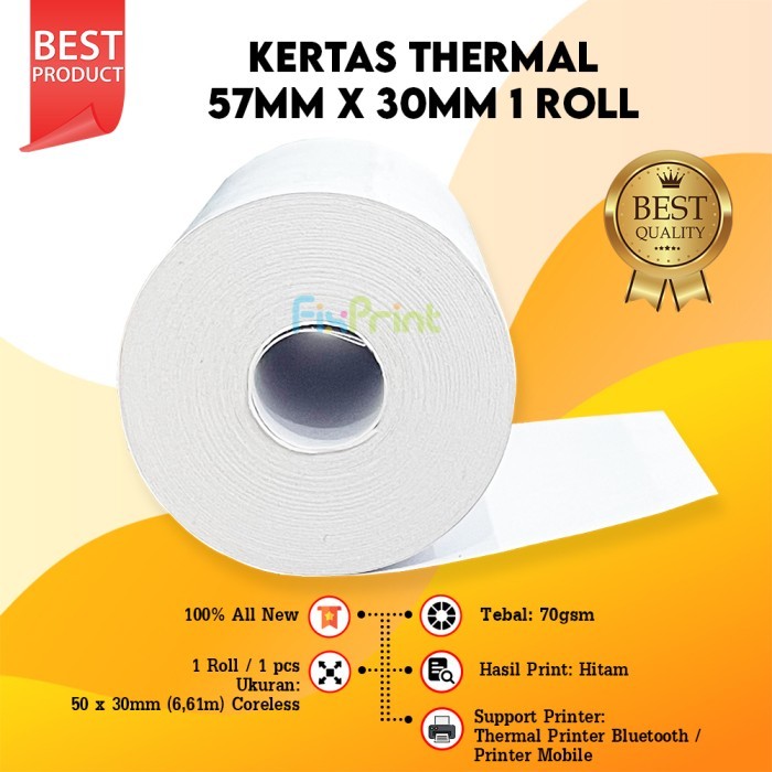 

Kertas Thermal 57mm x 30mm / 57x30 / 58 x 30 / 58x30 mm 1 Roll